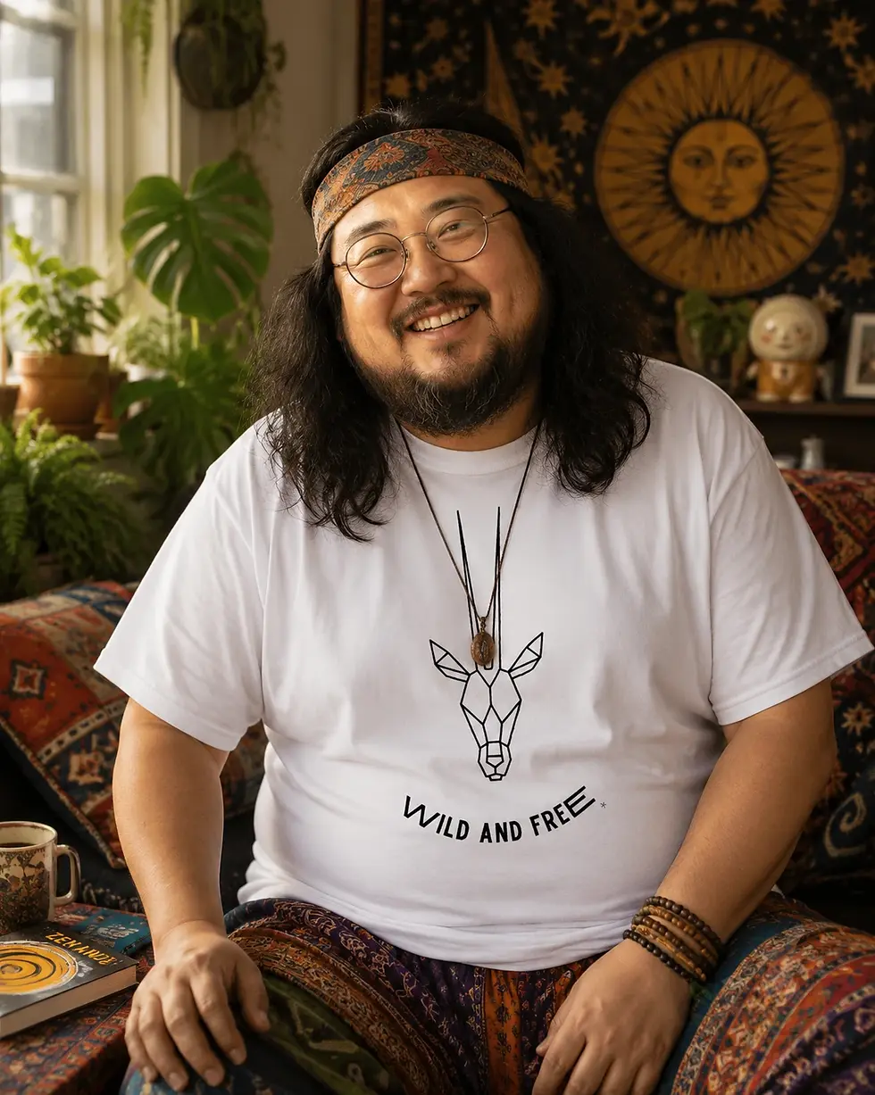 Miniaturbild: Extended sizes white shirt with geometric antelope design and Wild and Free text on man