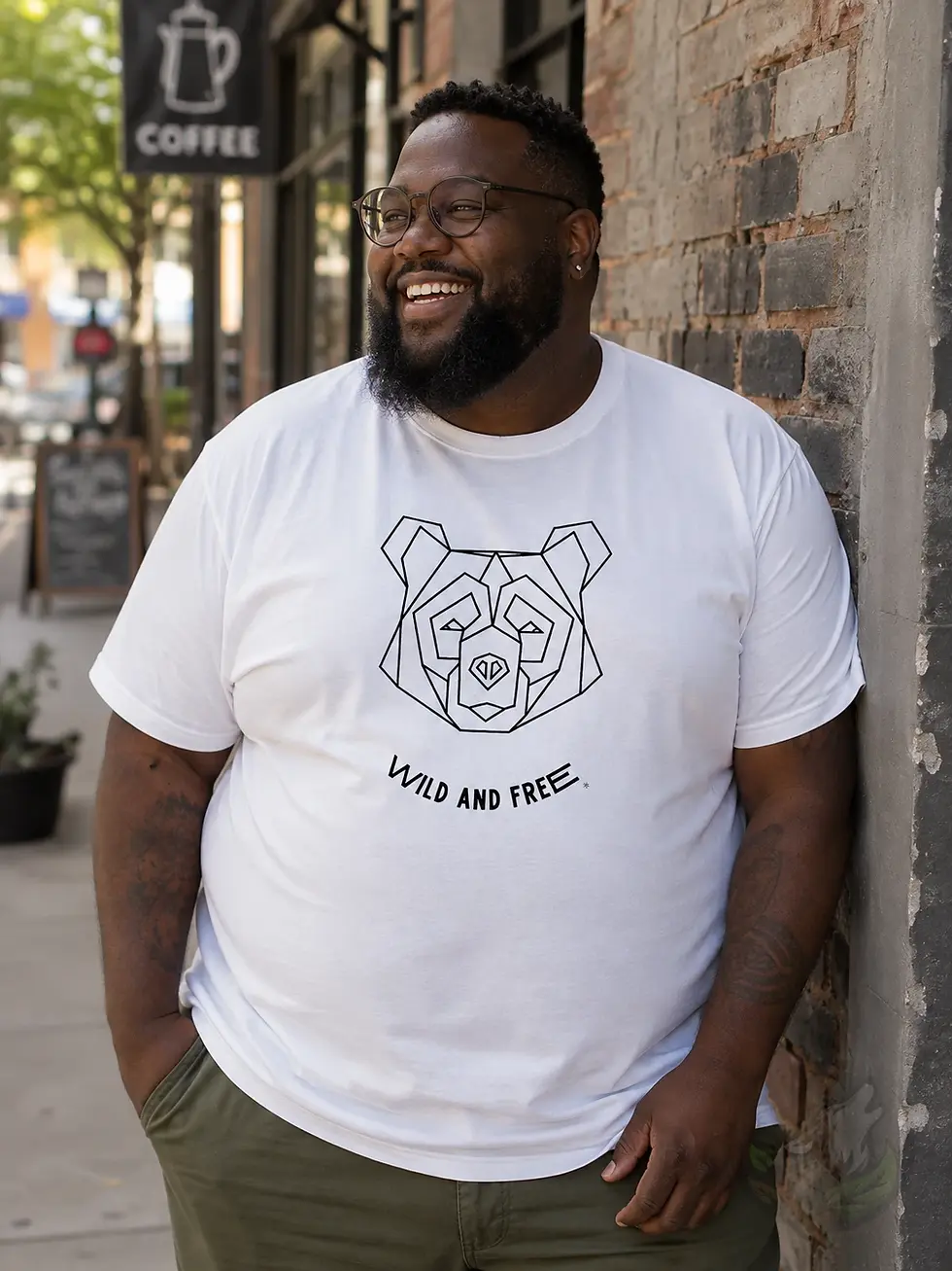 Thumbnail: Plus size Black man wearing white Wild and Free bear shirt with geometric bear design