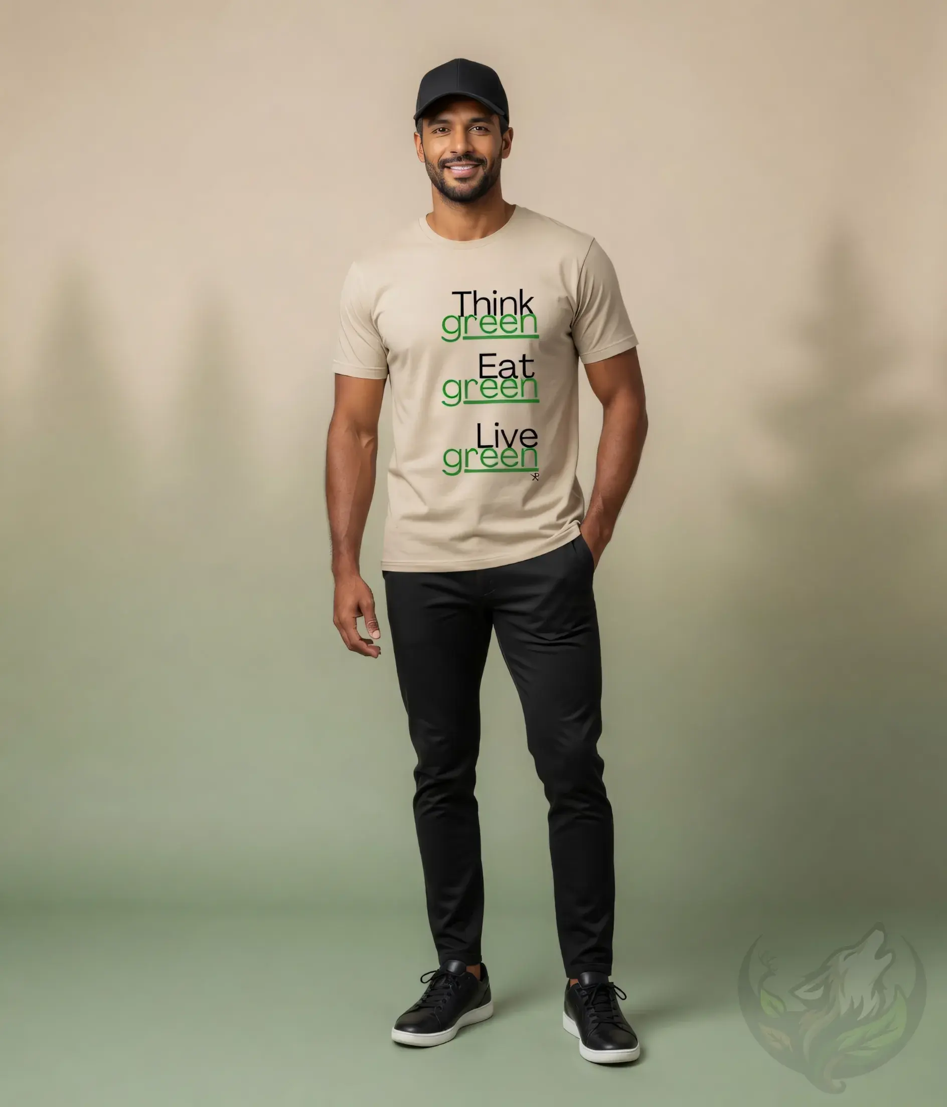 Think Green Eat Green Live Green natural unisex graphic tee studio full body mockup sustainable vegan earth conscious fashion