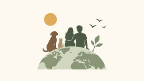 Minimalist vector illustration of people and animals together on Earth, symbolizing unity, nature and caring for our shared planet.