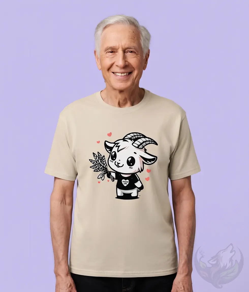 Thumbnail: Older man smiling in natural unisex t-shirt featuring cartoon vegan goat with wheat and hearts.