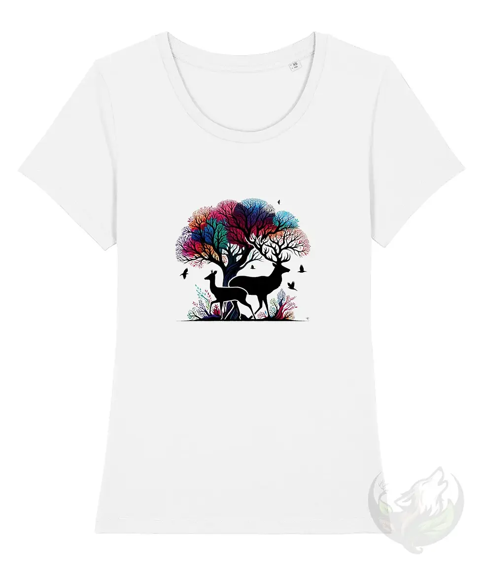 Thumbnail: White scoop neck tee with a colorful deer illustration shown on a crisp, professional mockup layout.