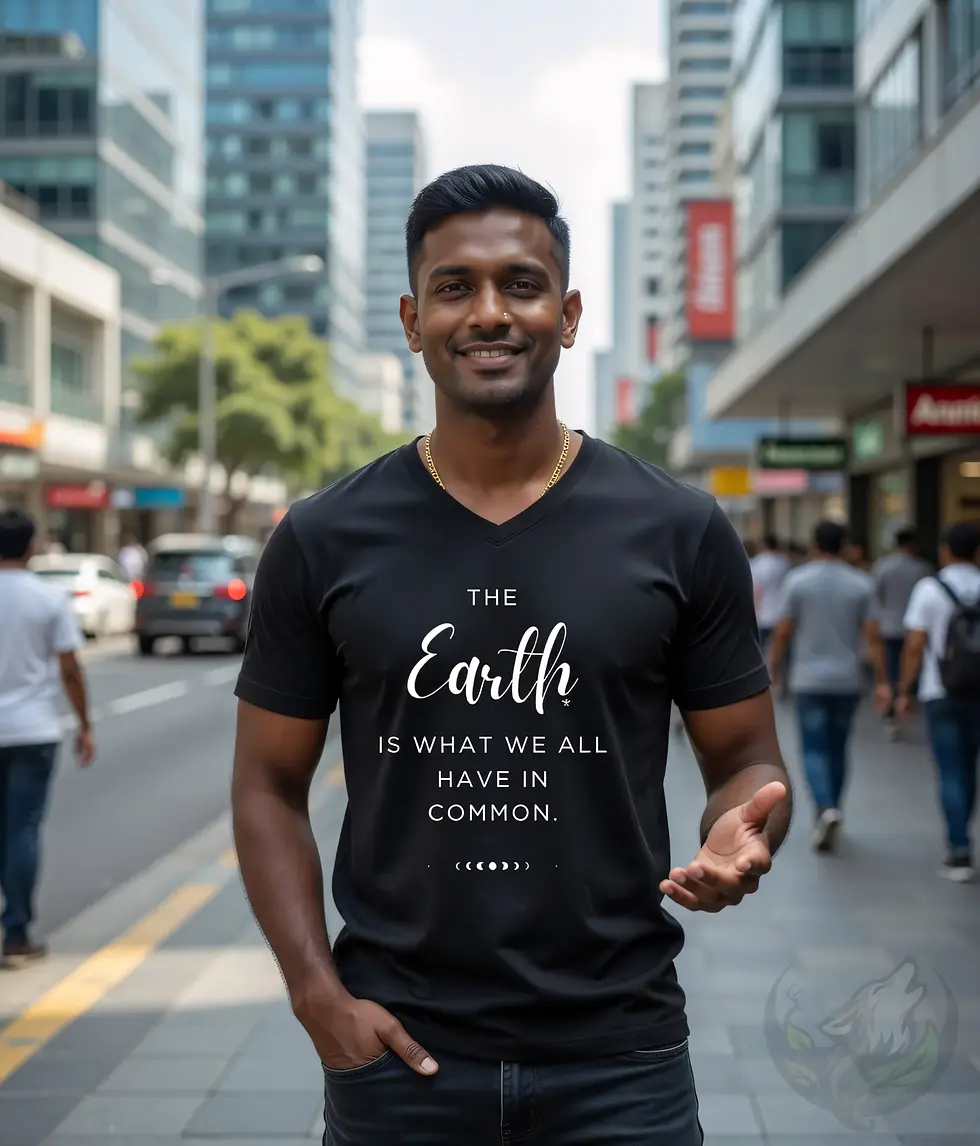 Thumbnail: Earth in Common black v neck graphic tee lifestyle photo in modern urban city street setting
