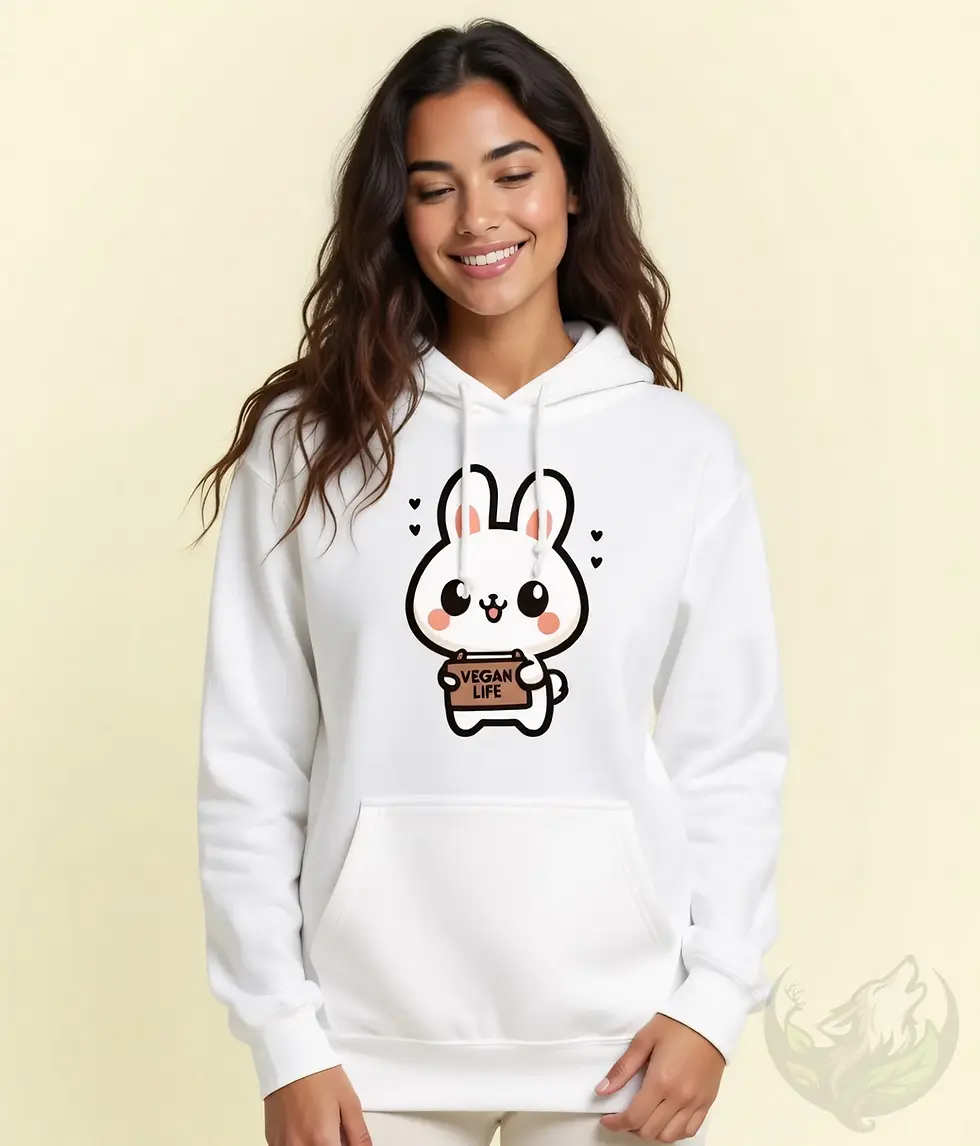 Miniaturbild: Asian man with sunglasses smiling in white unisex hoodie featuring adorable cartoon vegan life rabbit design