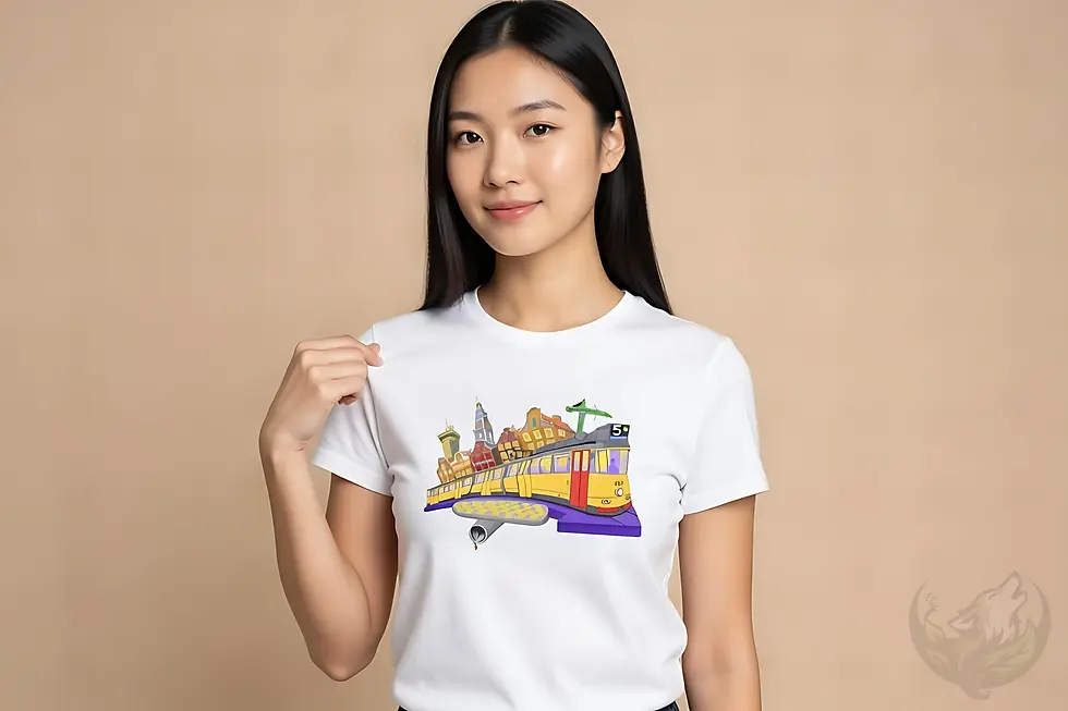 Thumbnail: Person outdoors wearing a white fitted tee with Def P’s Tram 5 artwork of a yellow tram and stylized city buildings