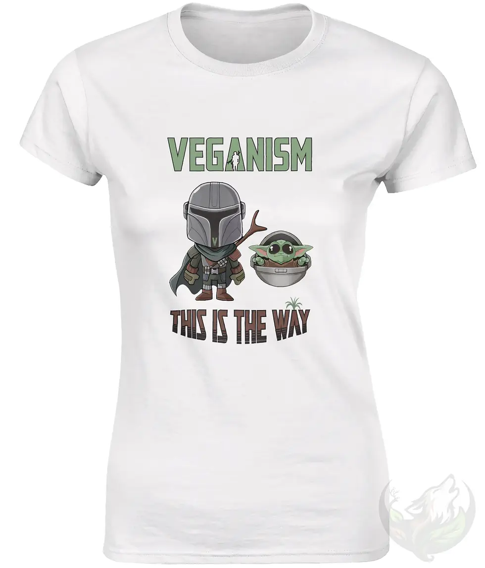Thumbnail: White scoop neck tee with cartoony Mando‑style characters and a vegan “This Is The Way” message.