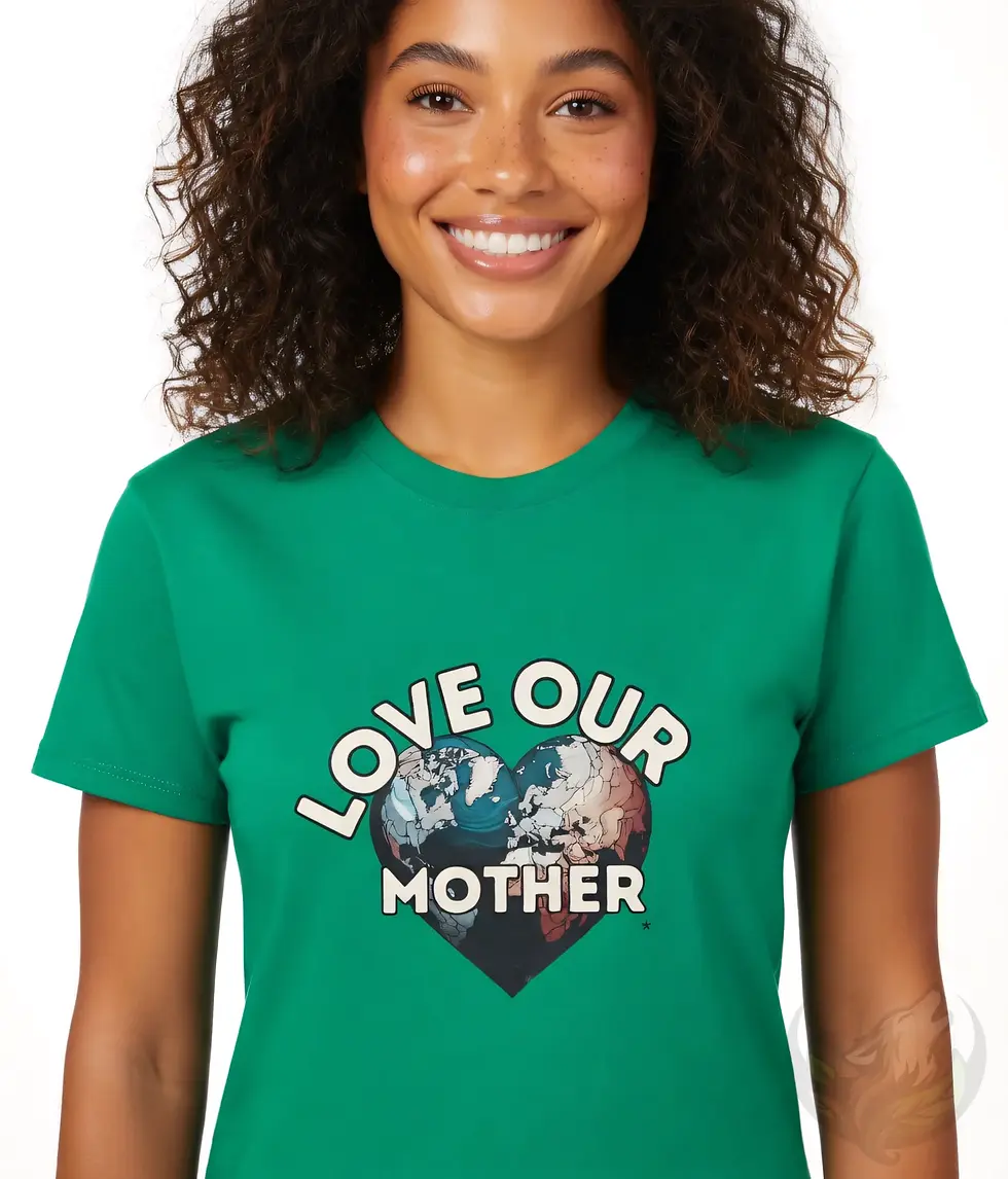 Thumbnail: Woman with curly hair in Irish green fitted t-shirt featuring "LOVE OUR MOTHER" Earth heart design.