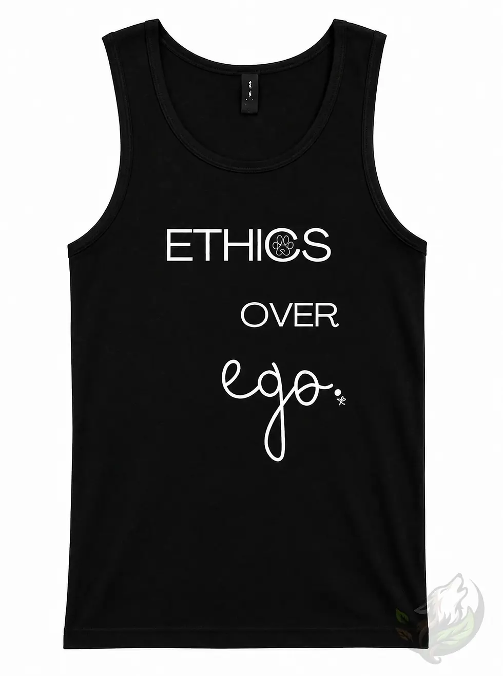 Black mens tank top featuring the Ethics Over Ego design