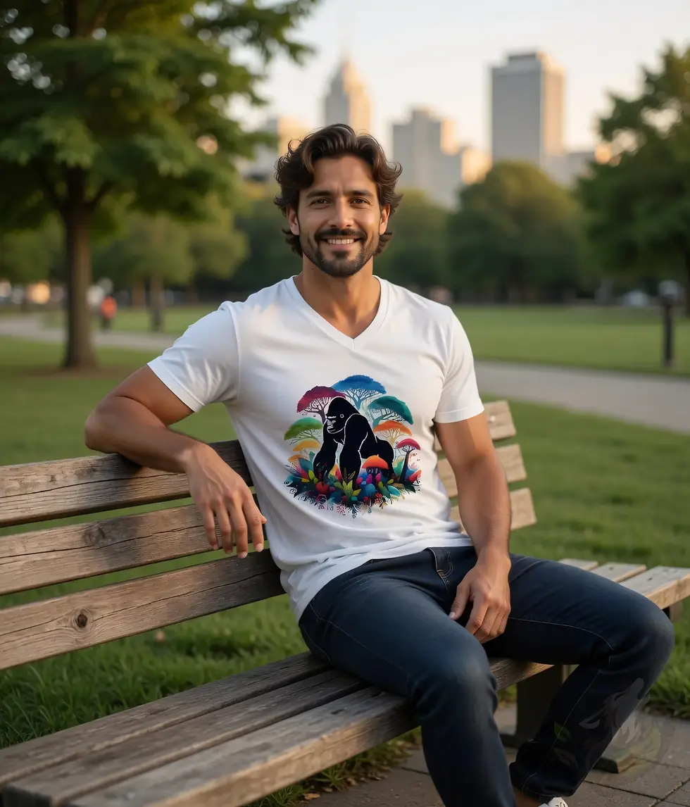 Thumbnail: White V-neck t-shirt on smiling man sitting on park bench, colorful gorilla and rainforest graphic.