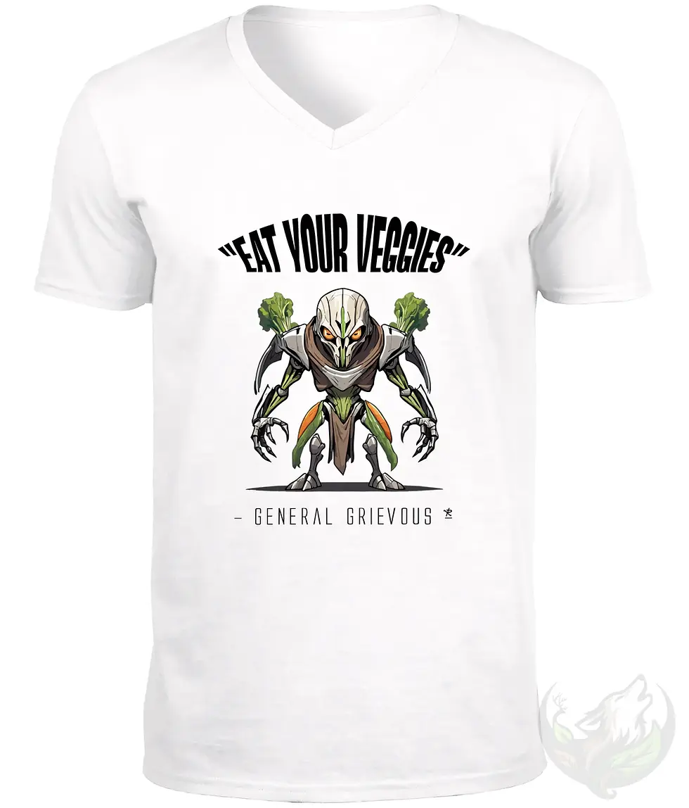 Thumbnail: White V-neck unisex t-shirt flat lay with General Grievous holding broccoli, "Eat Your Veggies" funny vegan design.