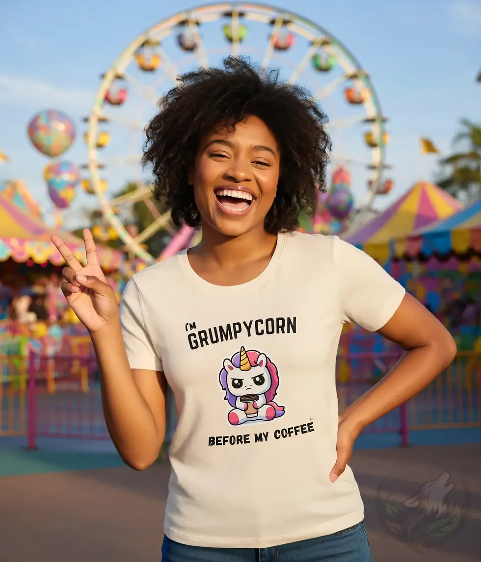 Thumbnail: Woman in natural scoop neck t-shirt with funny "I'm Grumpycorn before my coffee" unicorn design.