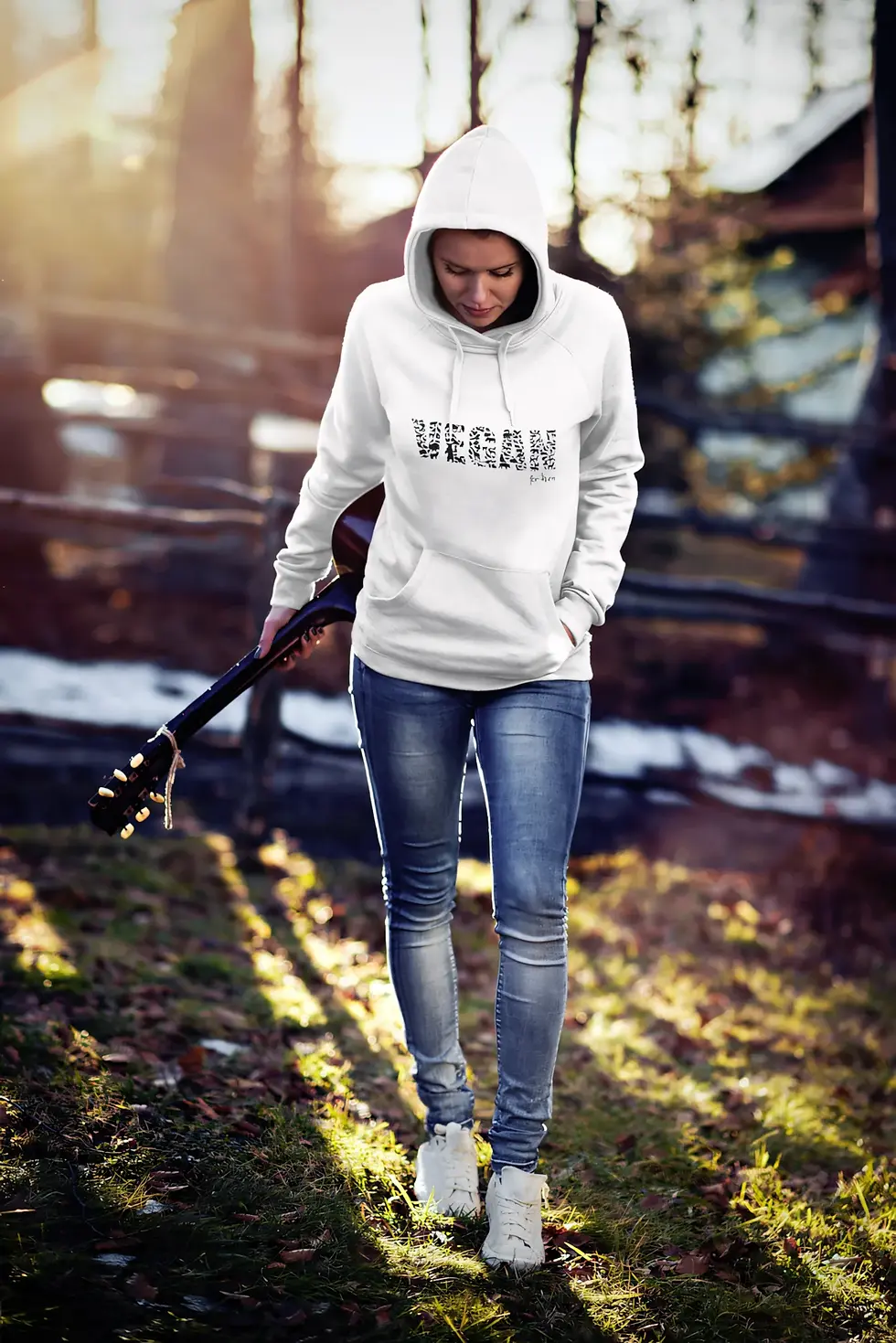 Thumbnail: White unisex hoodie with "VEGAN" animal silhouette design and small "for them" signature.