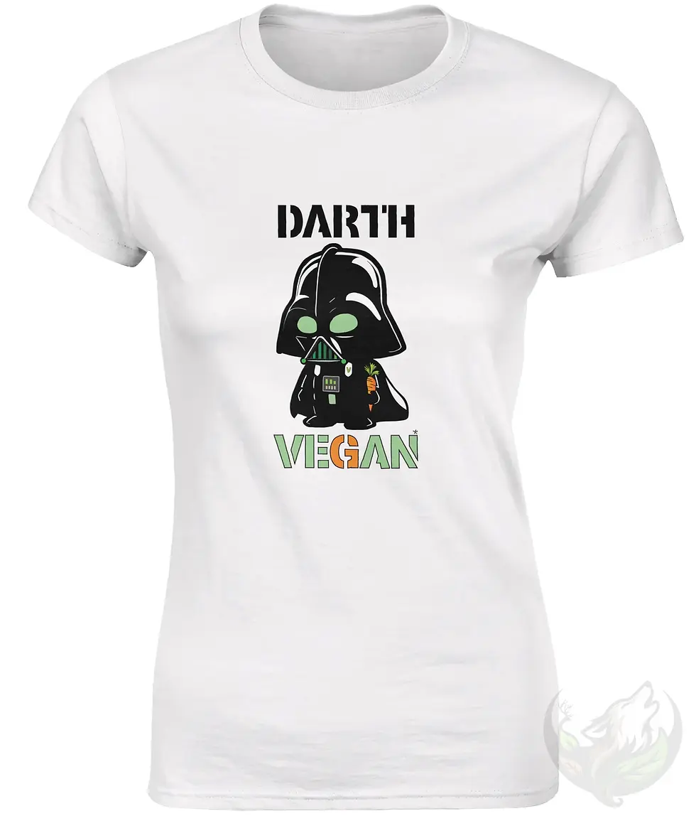 Thumbnail: Women's model shirt featuring Darth Vader "Darth Vegan" plant-based design.