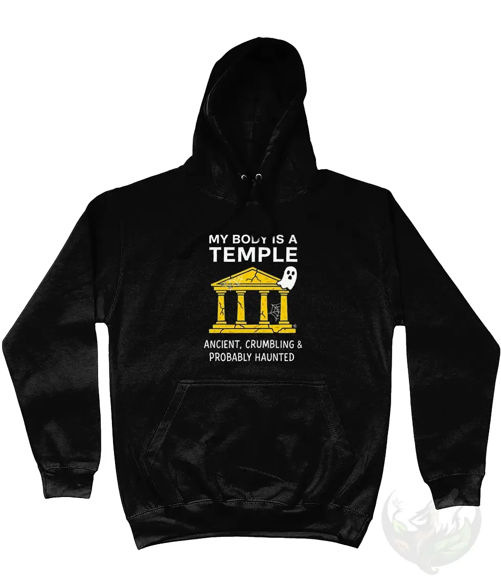 Thumbnail: Black unisex hoodie featuring the funny My Body Is A Temple Ancient Crumbling & Probably Haunted design.