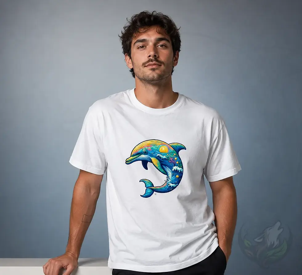 White unisex dolphin pixels shirt worn by male model in studio with bright ocean inspired dolphin print