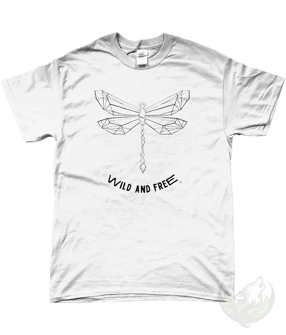 Thumbnail: White unisex t-shirt flat lay with geometric dragonfly and "Wild and Free" text.