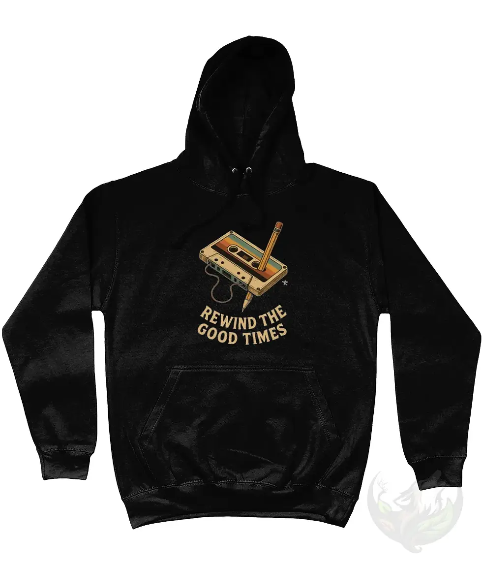 Thumbnail: Black unisex hoodie featuring the Rewind The Good Times retro cassette graphic printed on the front.