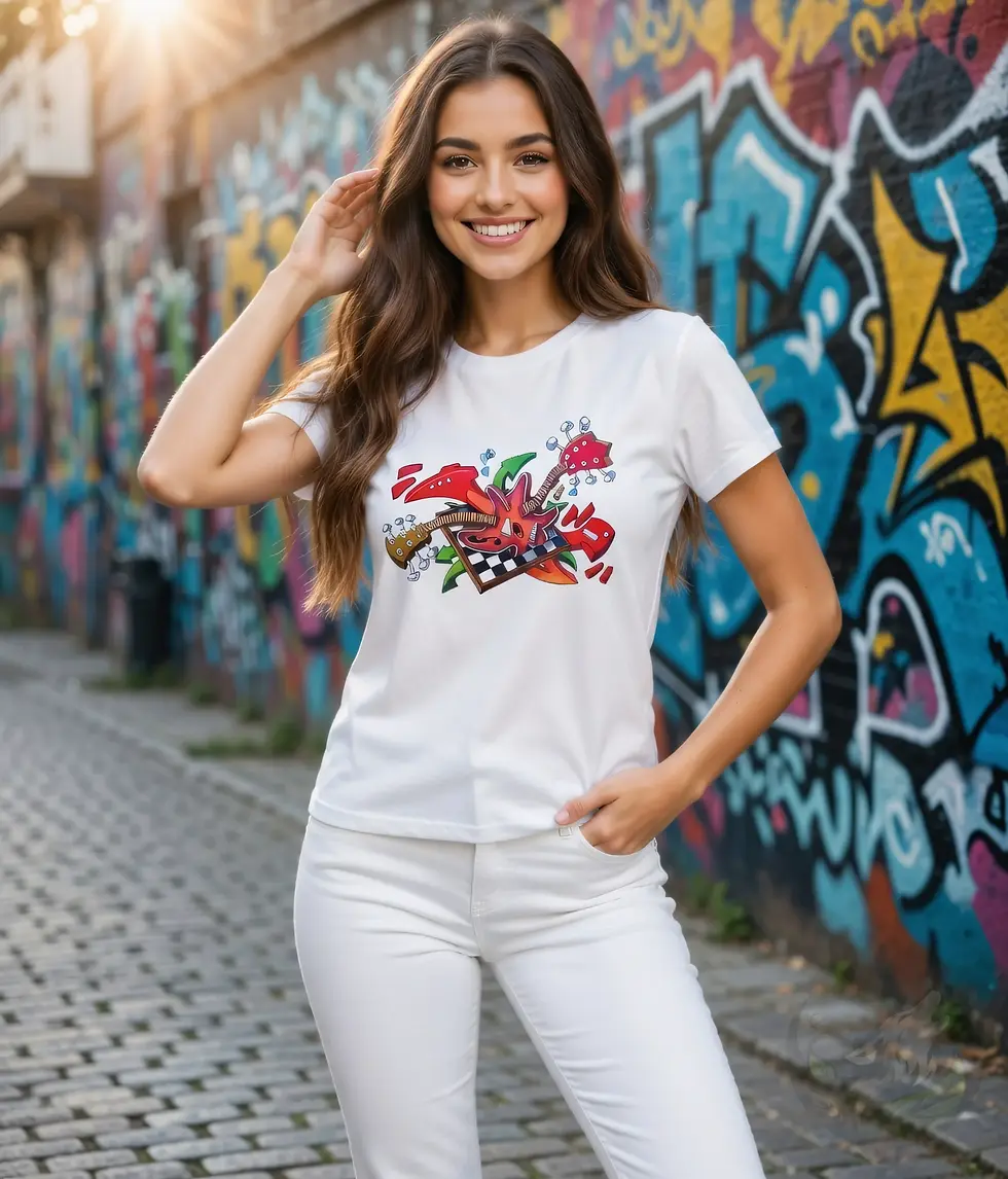 Person standing in a graffiti street wearing a white fitted tee with Def P’s Guitar Jam artwork of crossed guitars