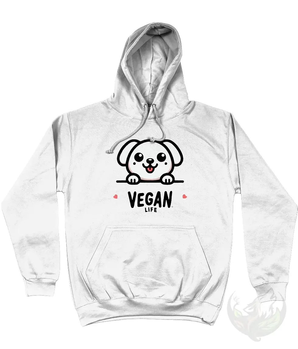 Thumbnail: White unisex hoodie laid flat showing cute cartoon vegan life dog peeking over line with vegan life text and hearts