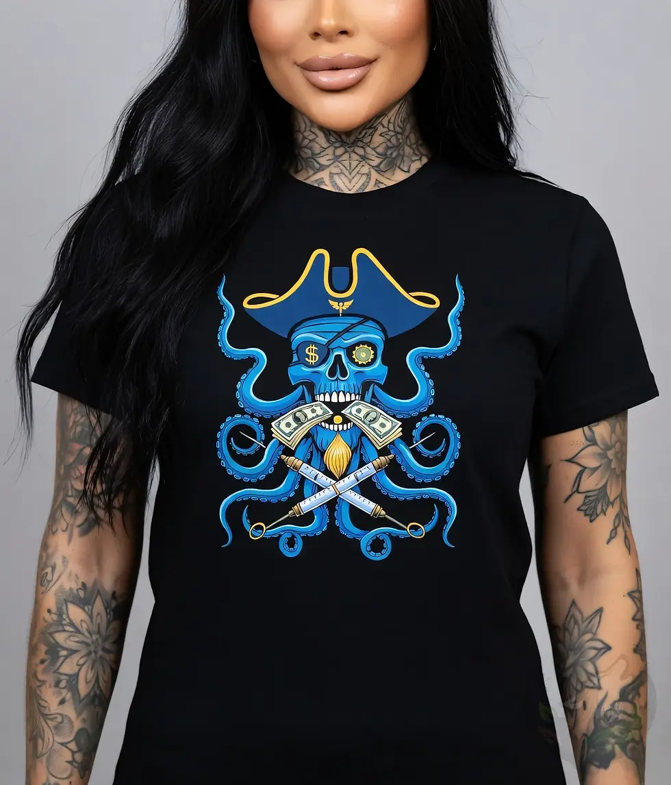 Black fitted women’s tee showing Def P’s blue pirate skull design with tentacles, brushes, and crossed elements