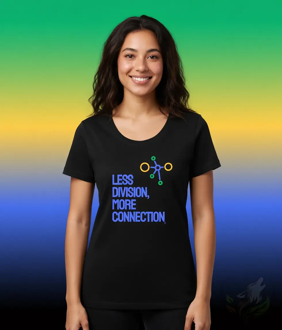 Miniaturbild: Woman in scoop neck black t‑shirt with Less Division design and colorful connected‑circle graphic.