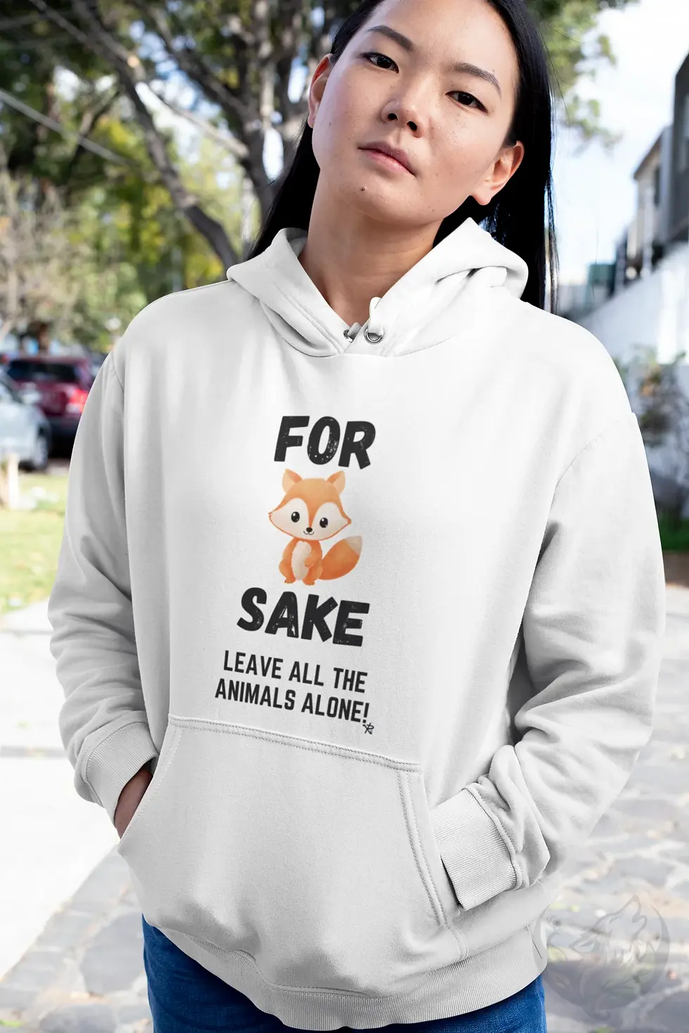 Thumbnail: Woman wearing white unisex For Fox Sake wildlife hoodie with cute fox design outdoors