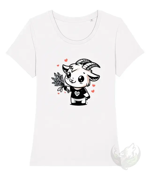 Thumbnail: White wide‑neck women’s shirt with the “Vegan Life Goat” design and cartoon goat illustration.