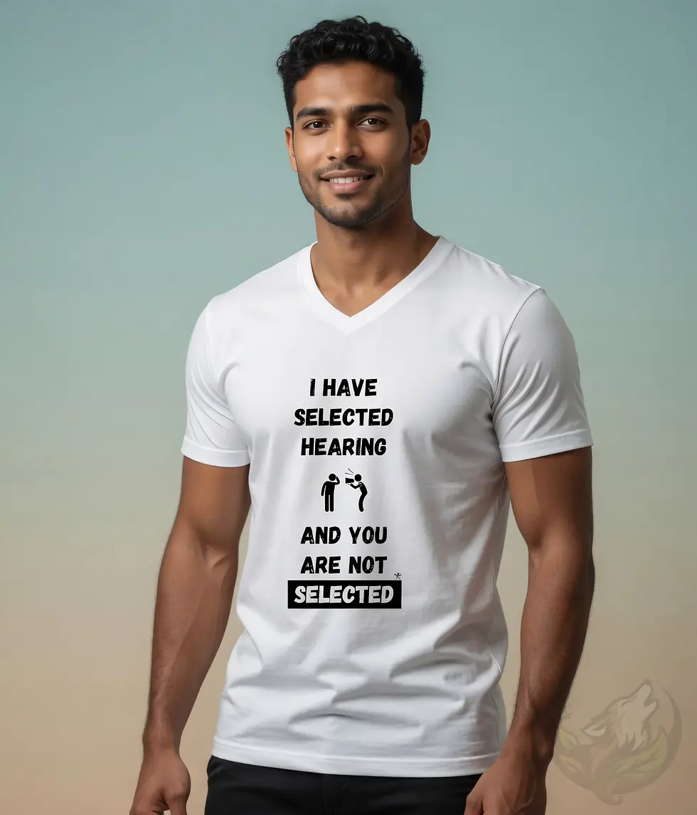 Thumbnail: Men’s white V-neck shirt with funny selective hearing design, casual studio fashion with humor print