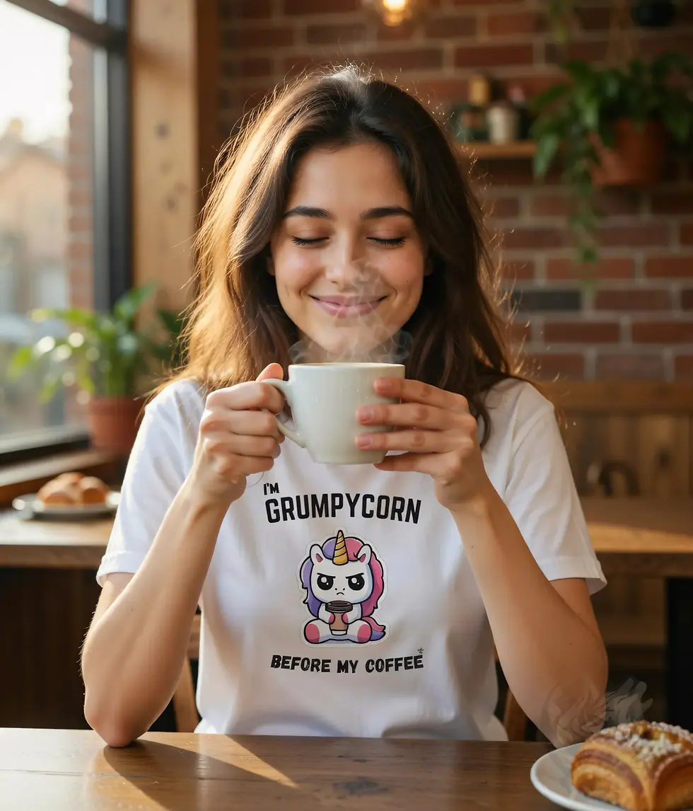Thumbnail: Woman in white fitted t-shirt with funny "I'm Grumpycorn before my coffee" unicorn design.