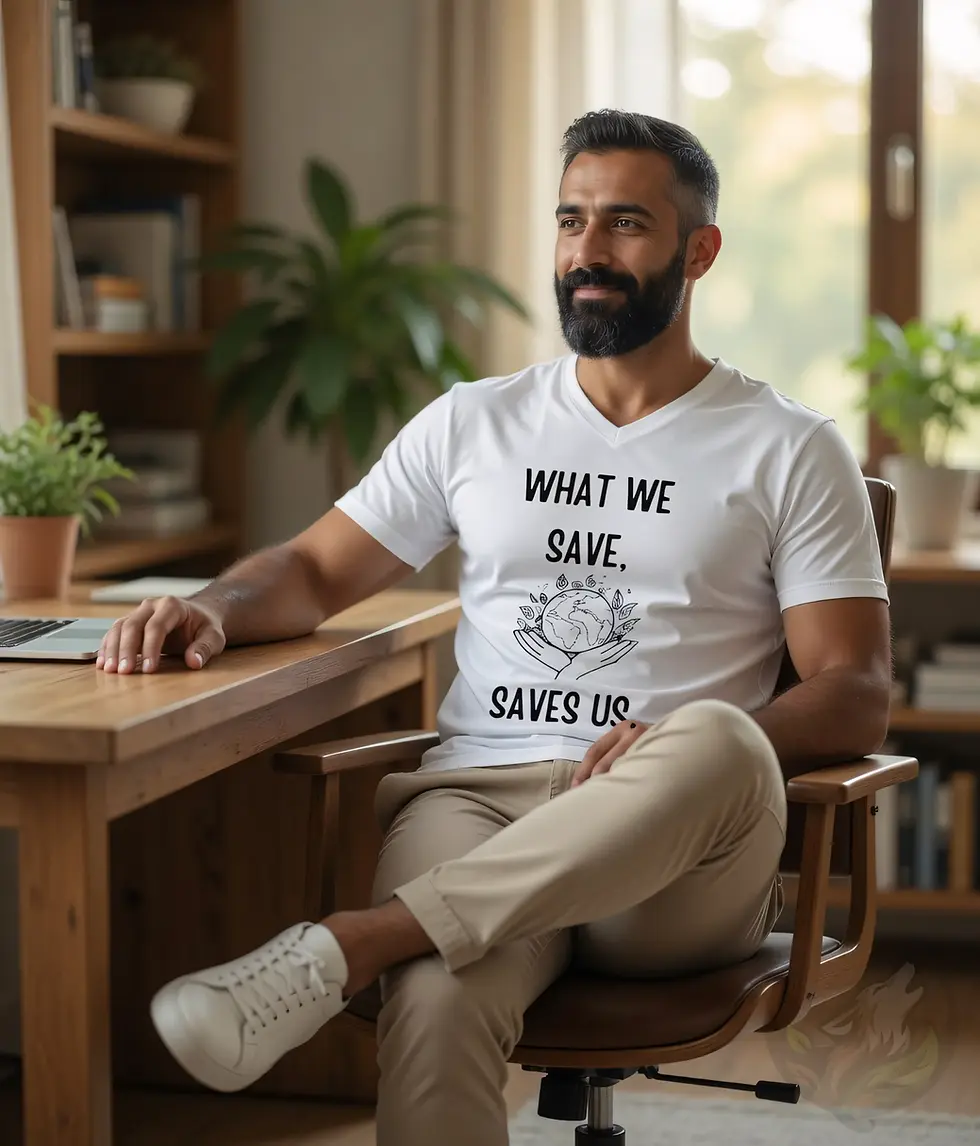 Thumbnail: Bearded man wearing white v neck t shirt with What We Save Saves Us earth graphic relaxing in cozy home office realistic eco