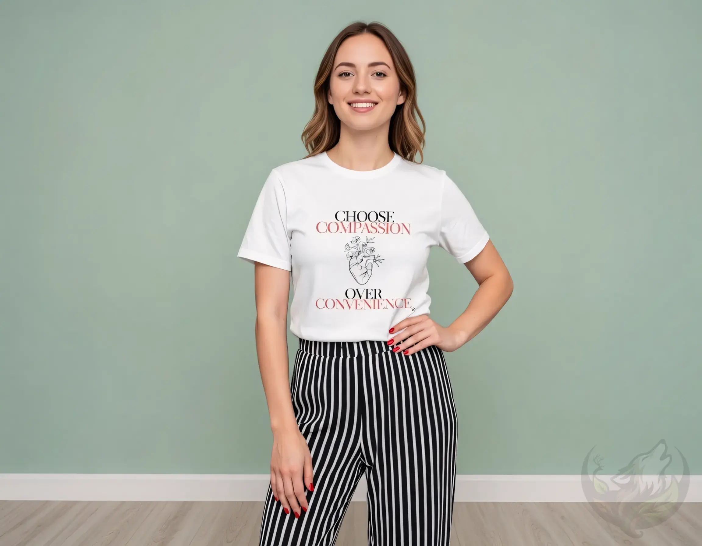 White fitted tee with the Vegan Quotes “Compassion Over Convenience” design shown in a studio setting.