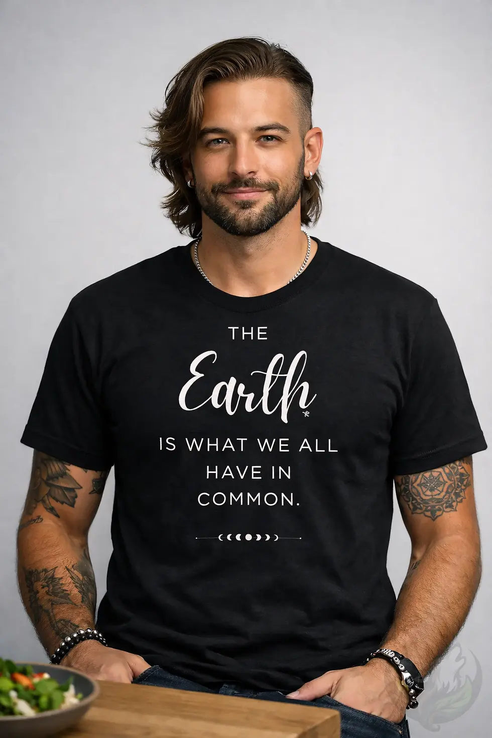 Thumbnail: Earth in Common black unisex t shirt in urban streetwear lifestyle setting