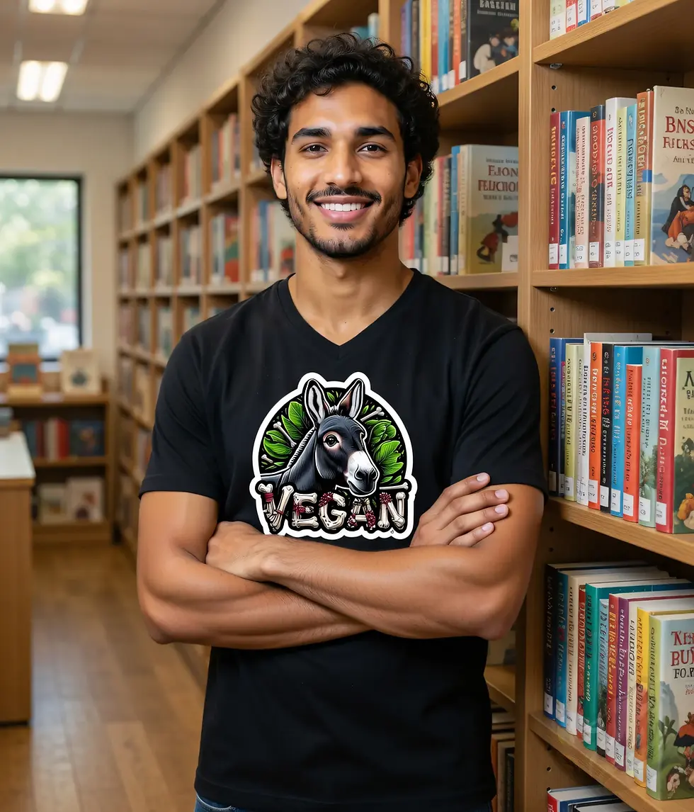 Thumbnail: Black V-neck unisex t-shirt on smiling man in library with arms crossed, "Vegan" donkey spooky illustration (print on front).