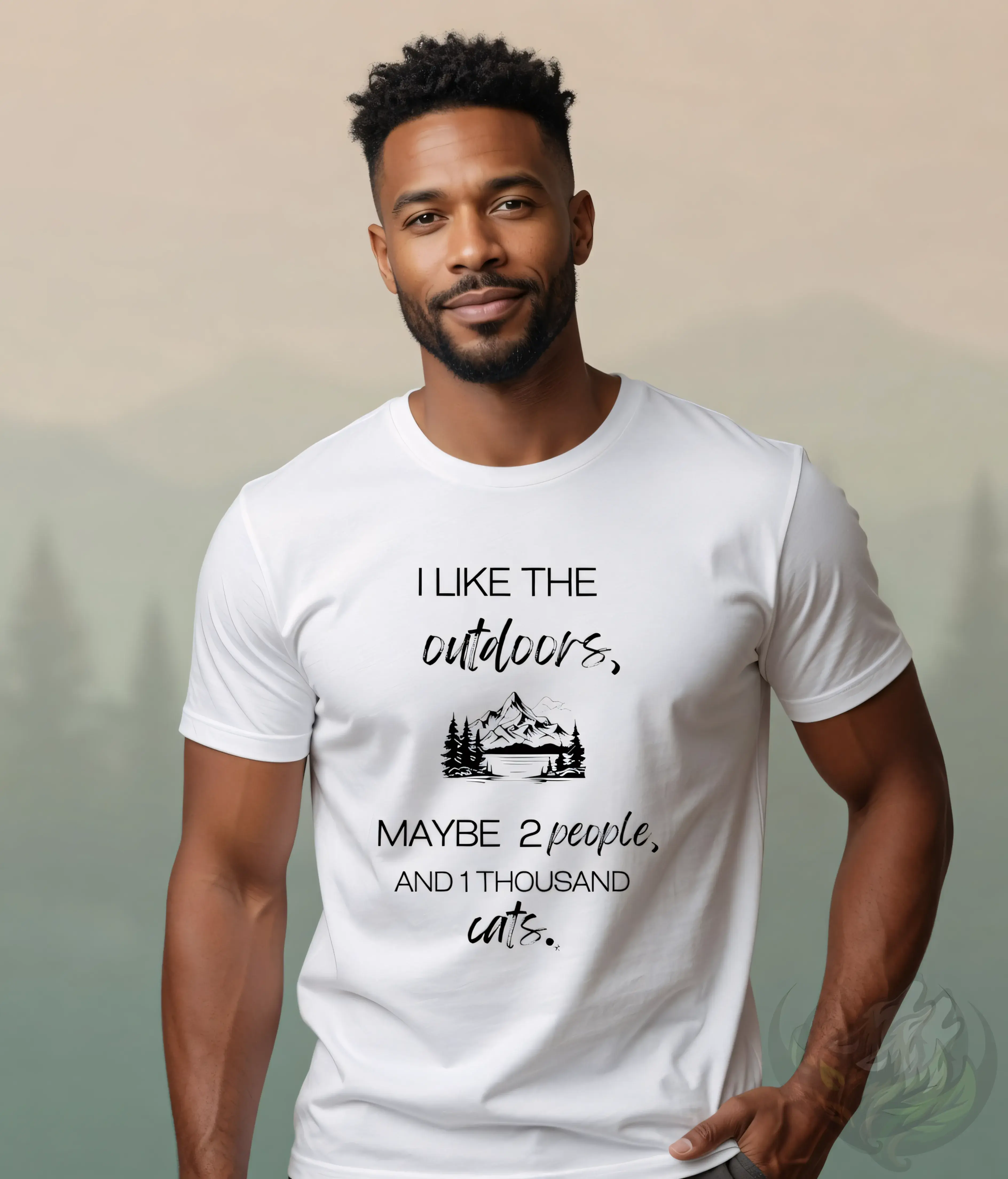 1000 Goats white unisex cat lover graphic tee studio portrait with outdoor adventure quote