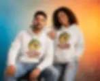 White unisex hoodies with Let's Taco 'Bout It cartoon taco design worn by smiling couple in studio.