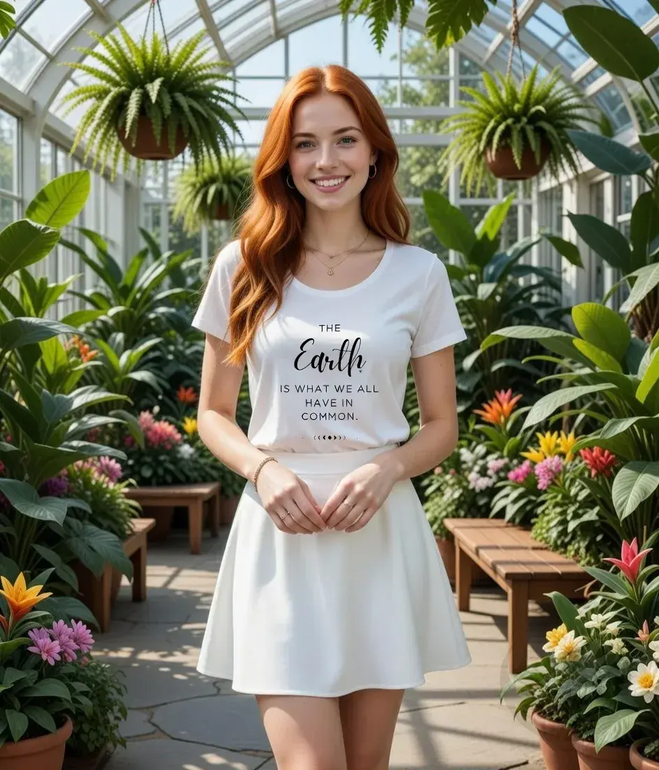 Thumbnail: White scoop‑neck tee with the Vegan Quotes “Earth in Common” design worn inside a bright greenhouse walkway.