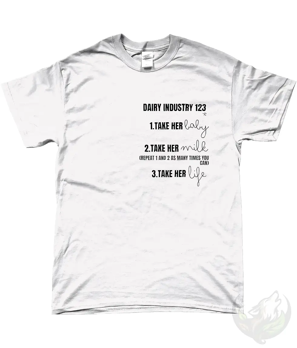 Thumbnail: White unisex t-shirt flat lay with "Dairy Industry 123" text: Take her baby, milk & life - strong vegan quote design.