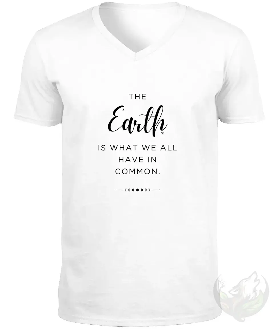 Thumbnail: Earth in Common white v neck graphic t shirt flat lay mockup with inspirational quote print