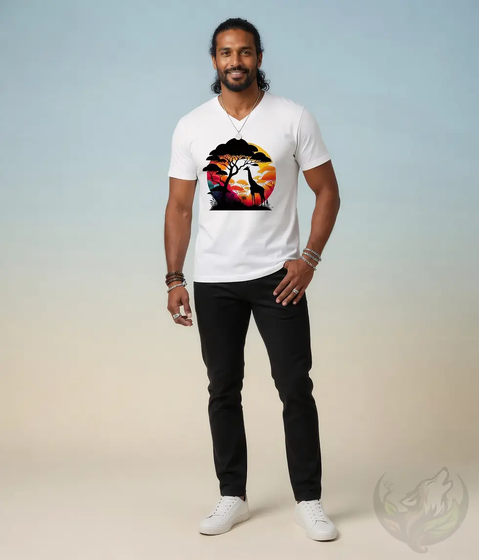 Thumbnail: White unisex t-shirt on smiling man with long dark hair in studio, colorful giraffe sunset acacia tree graphic.