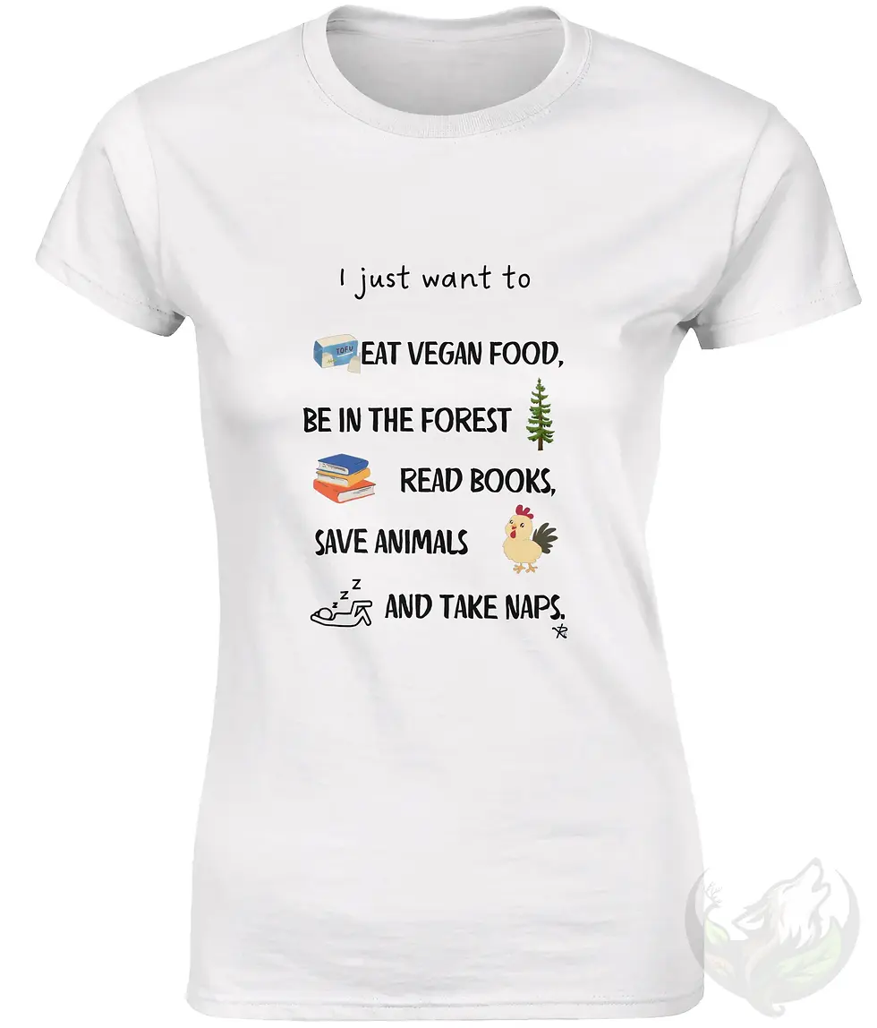 Thumbnail: Fitted white women’s t‑shirt featuring the vegan quote “I just want to eat vegan food and…” design.