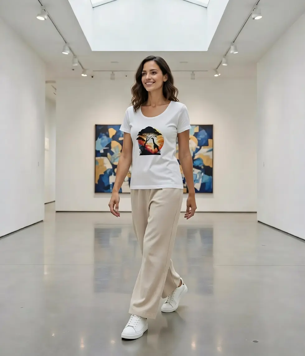 Thumbnail: Model wearing a soft scoop neck shirt with vibrant giraffe artwork in a casual lifestyle scene.