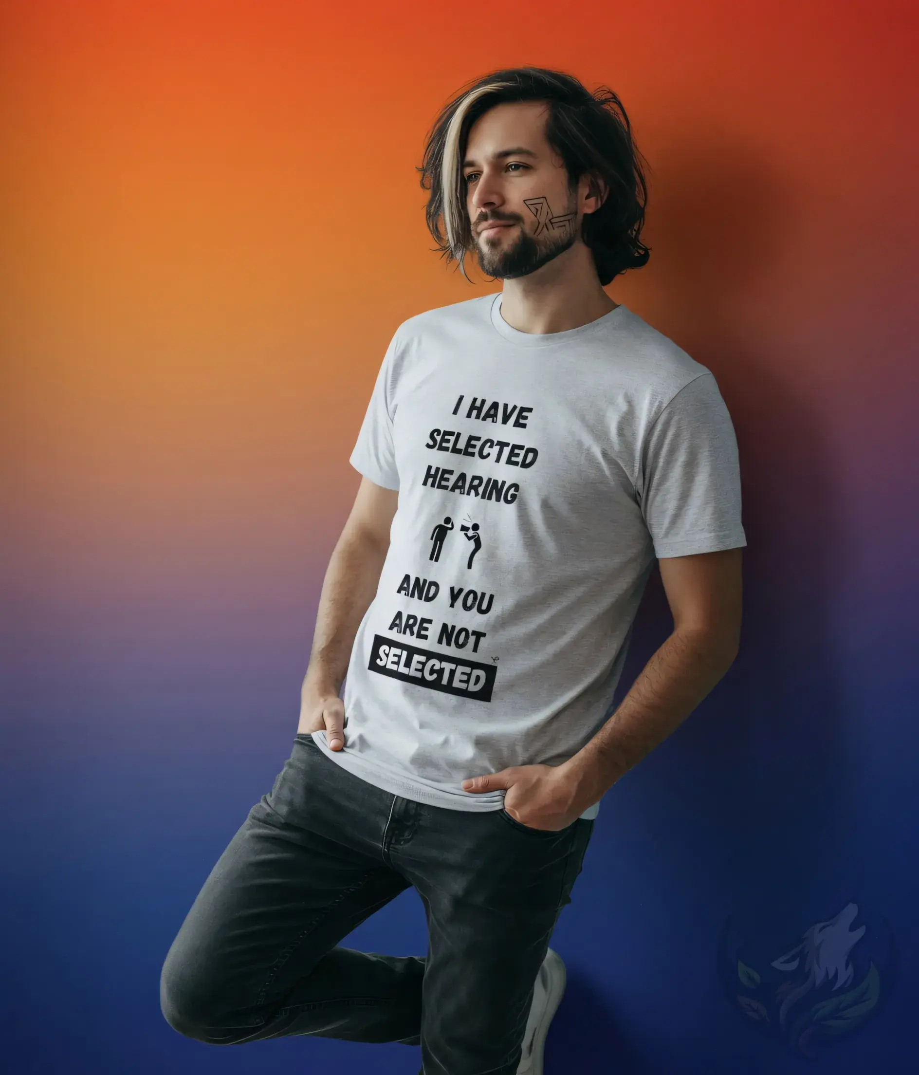 Men’s white funny quote shirt with selective hearing design, casual studio fashion with bold humor print