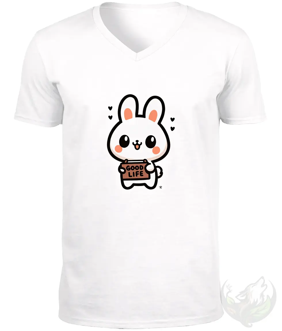Thumbnail: White V-neck shirt flat lay featuring cute Good Life rabbit cartoon design with playful happy style