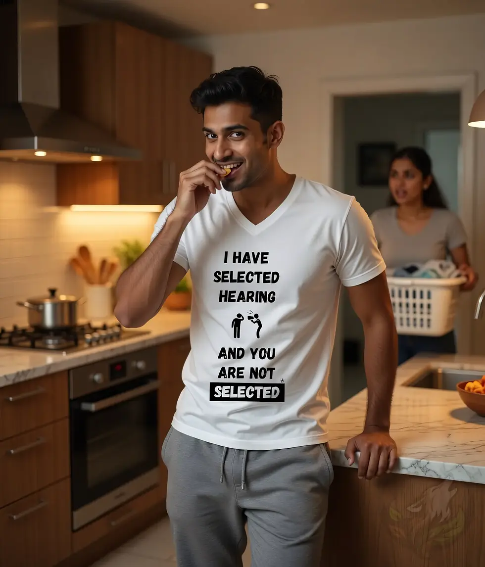 Thumbnail: Funny selective hearing V-neck shirt in kitchen lifestyle scene, sarcastic everyday humor tee