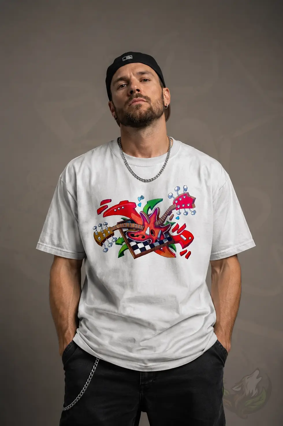Man wearing white unisex Guitar Jam shirt with artistic guitar design in simple studio fashion look