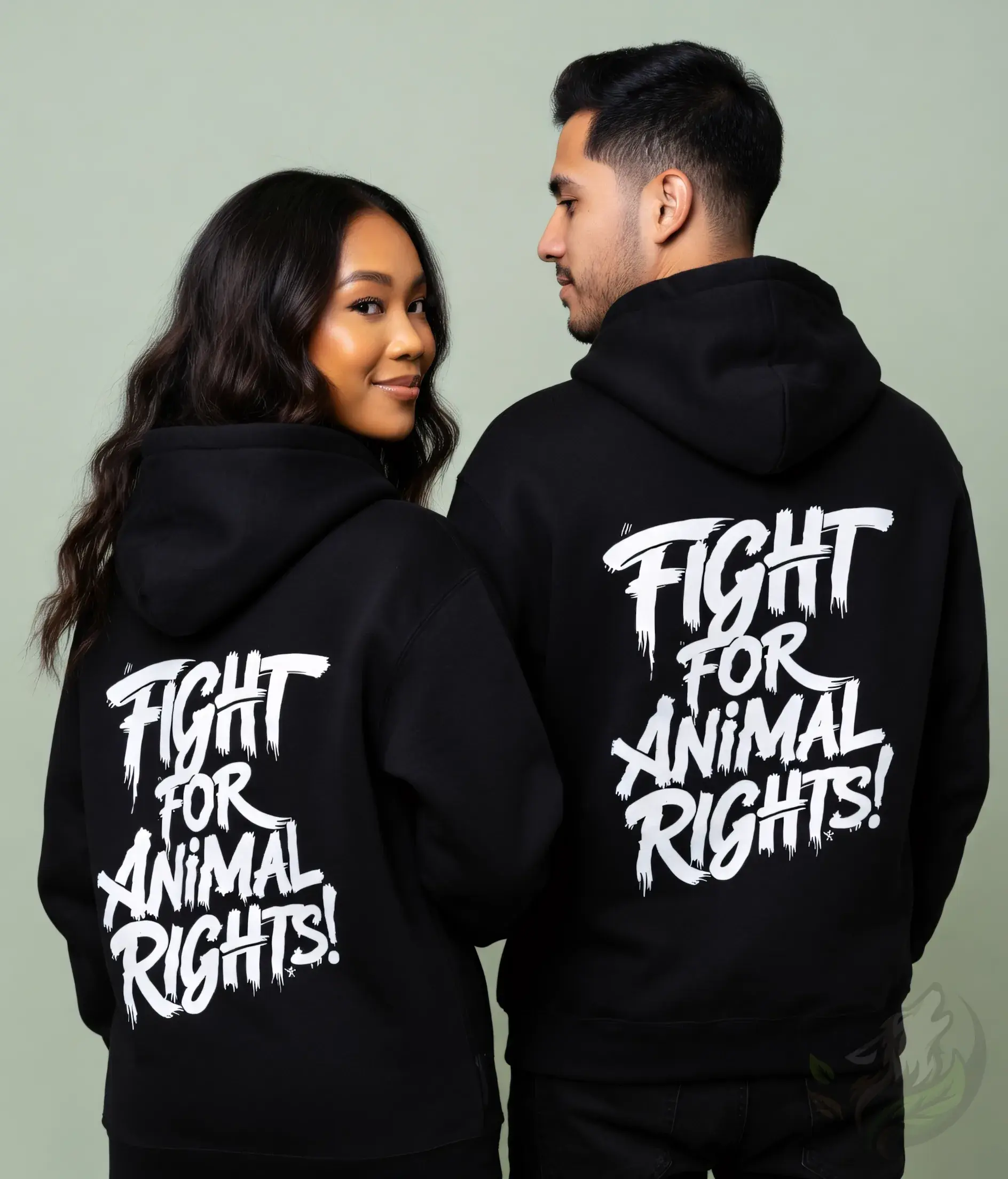 Black unisex hoodie with large white brushstroke text "FIGHT FOR ANIMAL RIGHTS!" on the back.