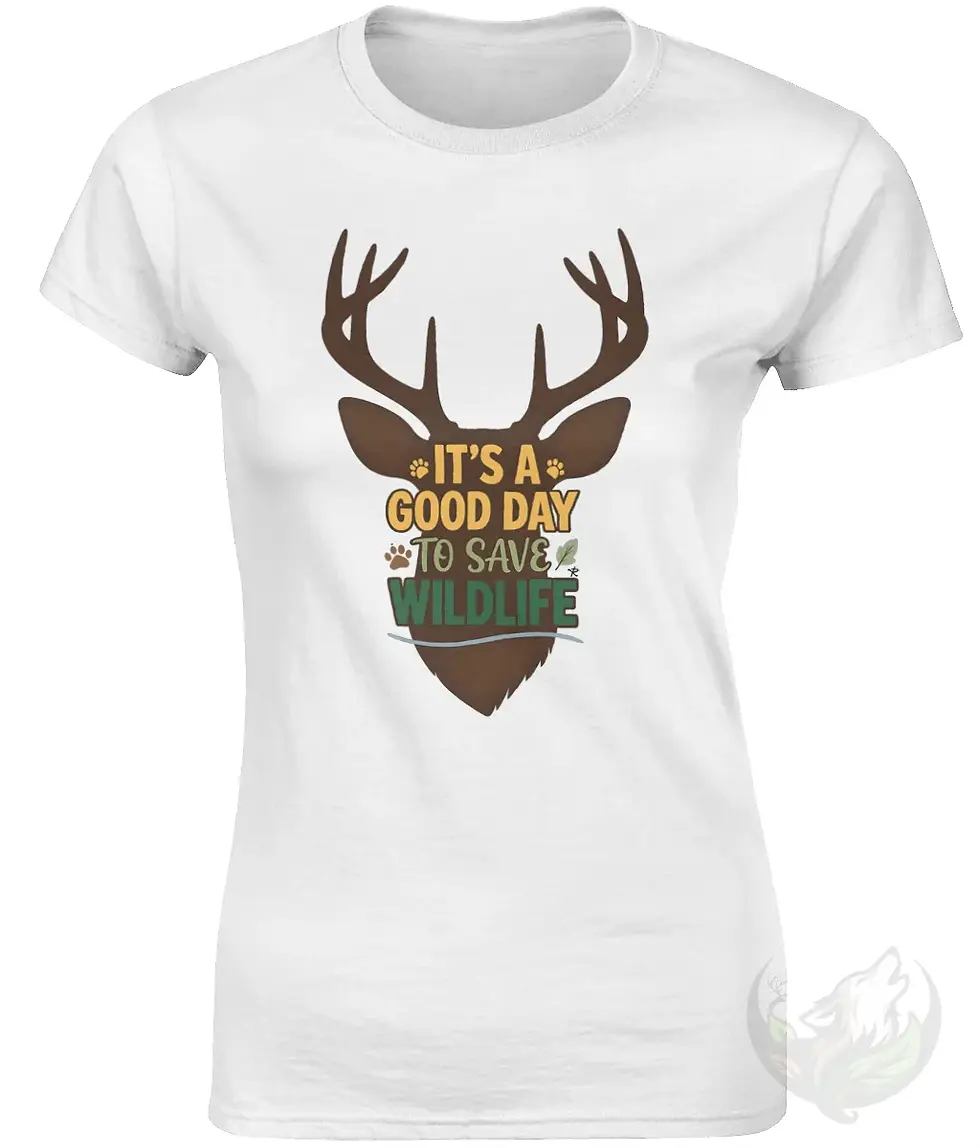 Thumbnail: White fitted tee showing a deer silhouette with multicolor “Save Wildlife” text and paw prints.