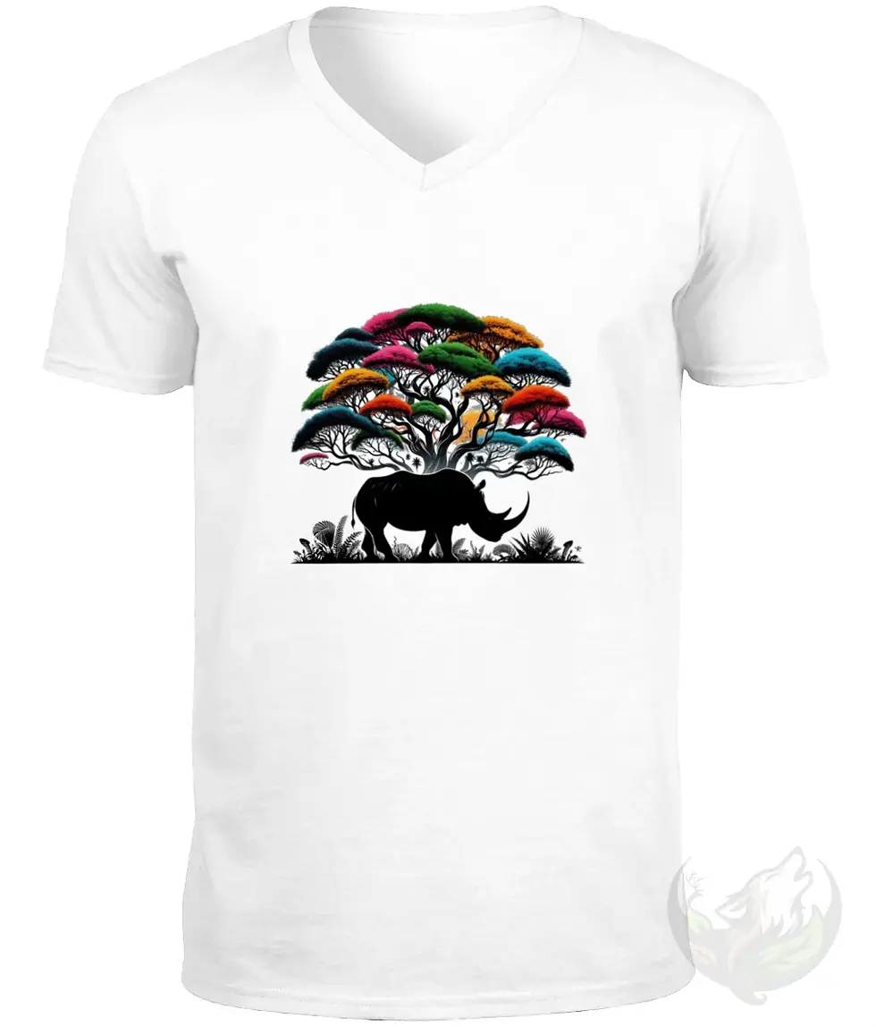 Thumbnail: White V-neck t-shirt flat lay with vibrant colorful tree and black rhino "Wild and Free".