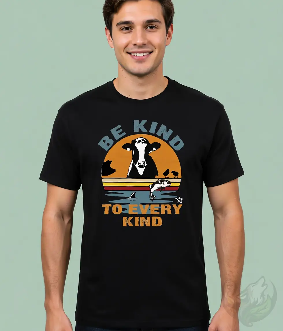Thumbnail: Black unisex t-shirt worn by smiling young man, "Be Kind To Every Kind" cow fish sunset retro graphic.