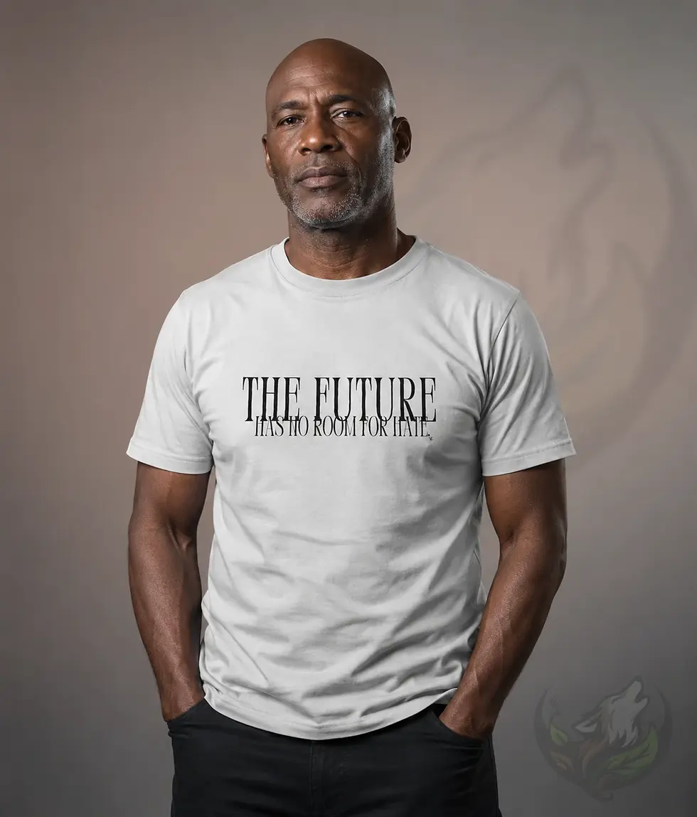 Black male model wearing white unisex The Future Has No Room For Hate humanity shirt in studio portrait